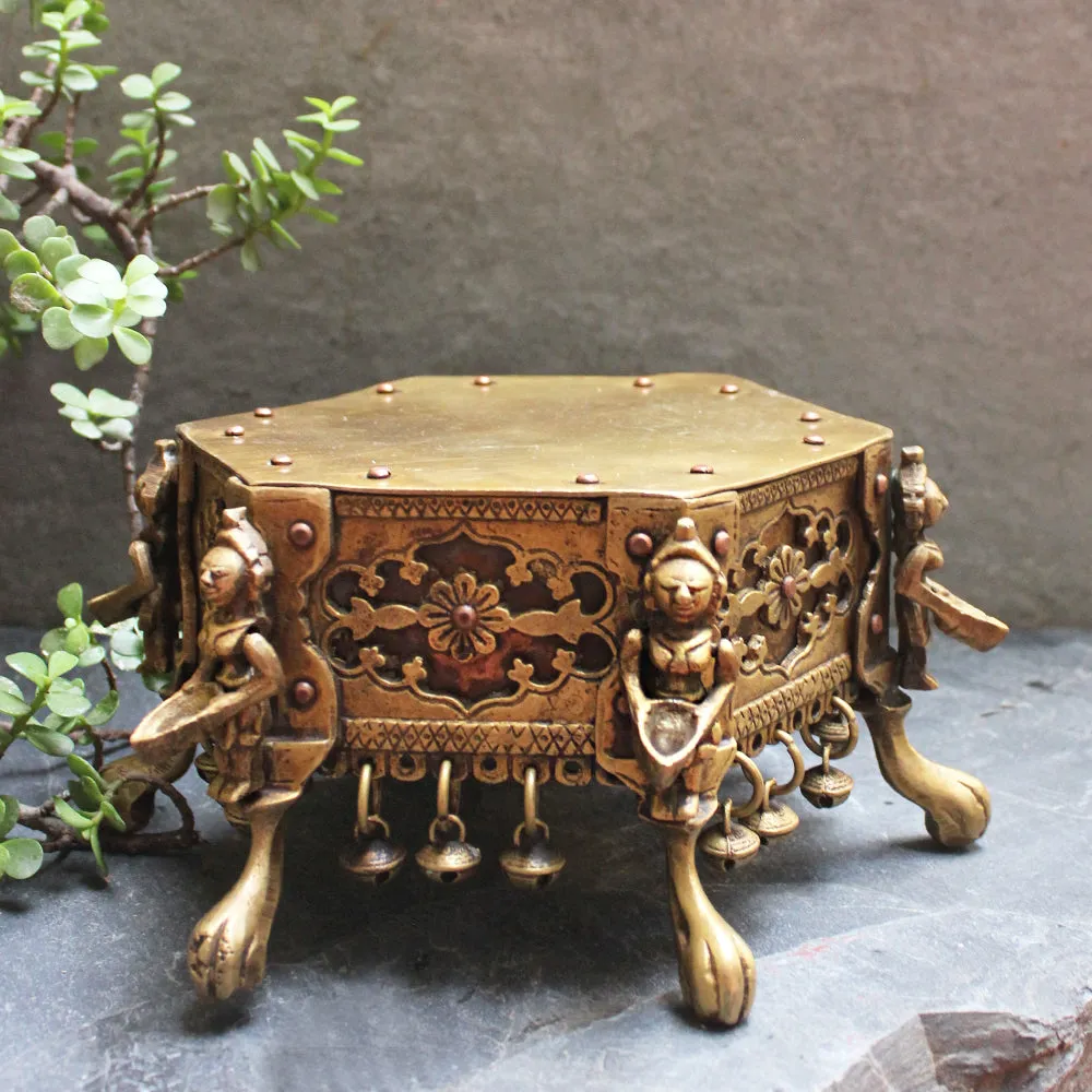 Hexagonal Brass Chowki | Stool With 6 Oil lamps & Ghungroos - Dia 17 cm x Ht 12 cm