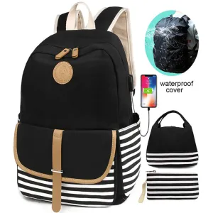 Hiqh Quality Bookbag for School Korean Style Stripe Simple Canvas Backpack Set with Crossbody Bag Pencil Case