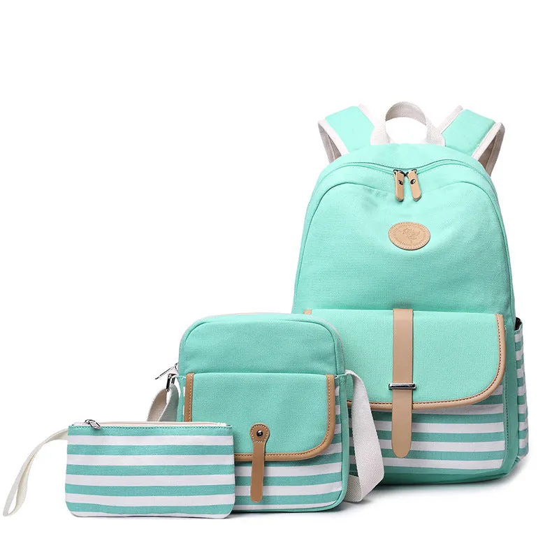 Hiqh Quality Bookbag for School Korean Style Stripe Simple Canvas Backpack Set with Crossbody Bag Pencil Case