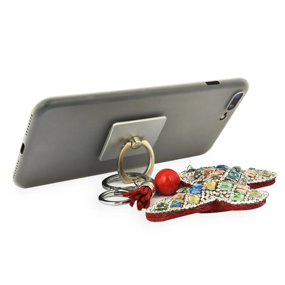 iOrigin Ring Grip and Kick Stand   Studded Butterfly with Faux Leather Tassel Key Chain for Mobile Phones & Tablets