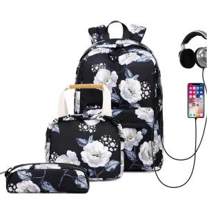 Kids Backpack With Lunch Box School Backpacks - Pink Black Green Book Bags For Girls Fashion Backpack Set With USB Charging Port BookBag