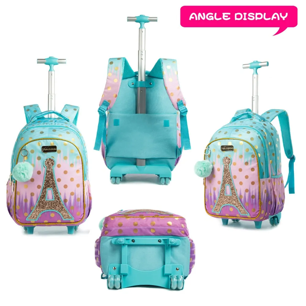 Kids Girls Eiffel Tower Sequins 3Pcs Wheeled School Backpack Set