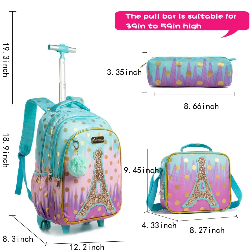 Kids Girls Eiffel Tower Sequins 3Pcs Wheeled School Backpack Set