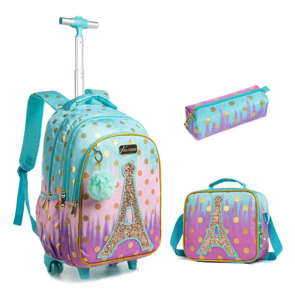 Kids Girls Eiffel Tower Sequins 3Pcs Wheeled School Backpack Set