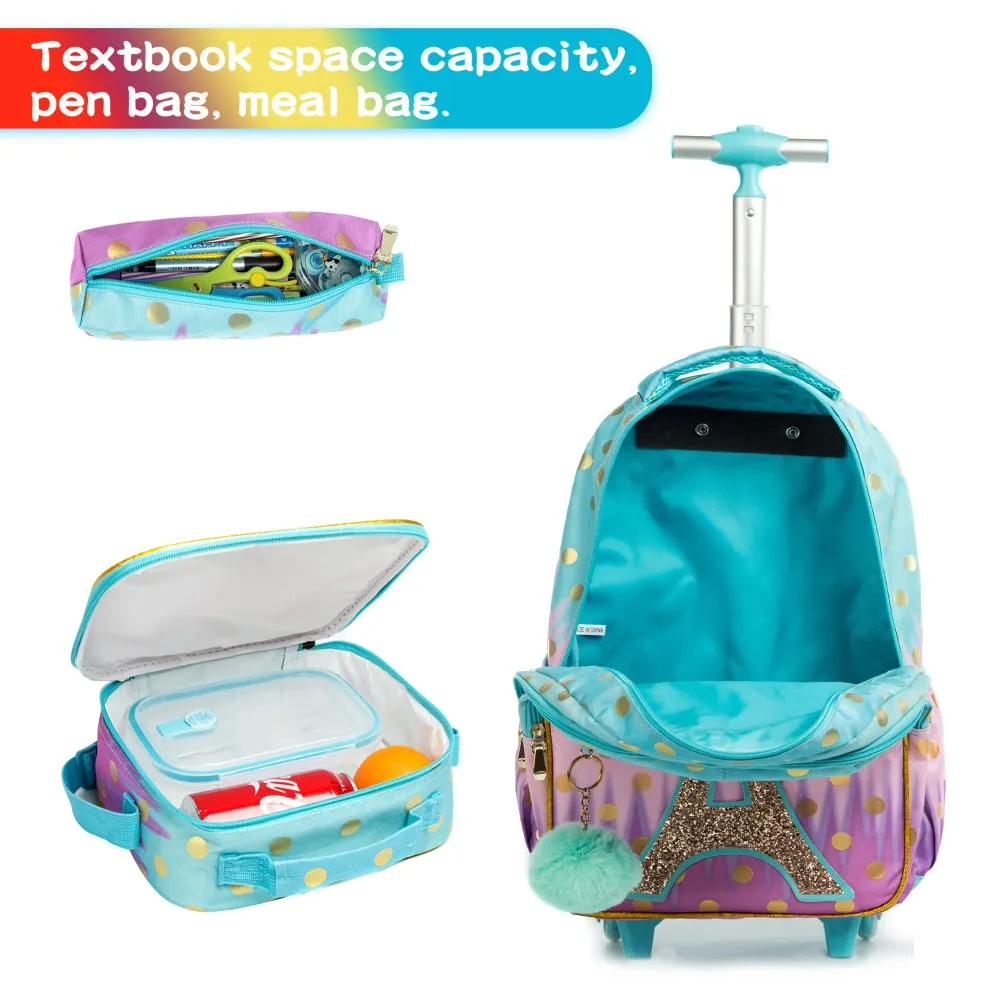 Kids Girls Eiffel Tower Sequins 3Pcs Wheeled School Backpack Set