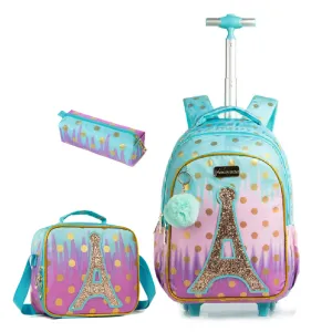 Kids Girls Eiffel Tower Sequins 3Pcs Wheeled School Backpack Set