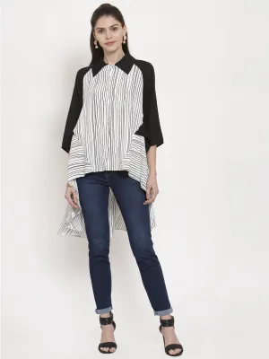 Ladies White Striped Collared Top