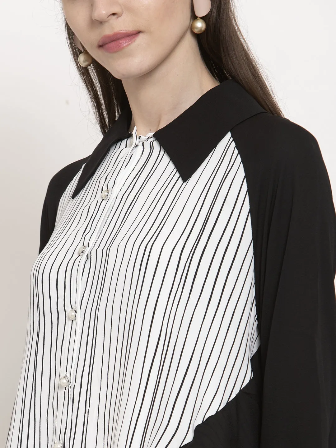 Ladies White Striped Collared Top