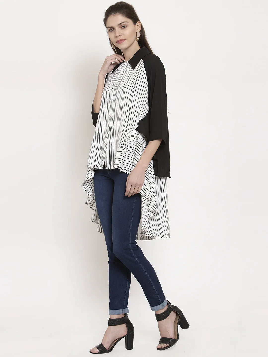 Ladies White Striped Collared Top