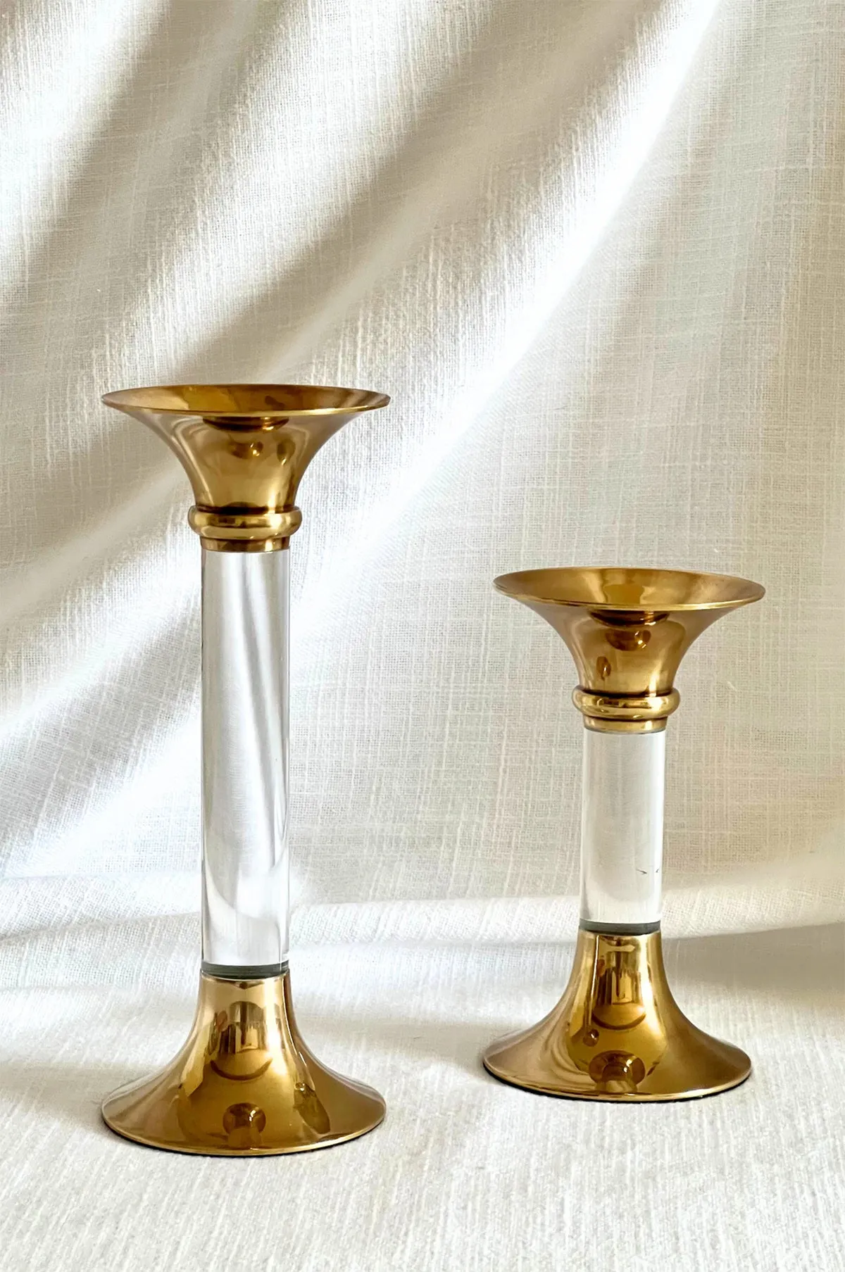 Large Brass and Acrylic Candleholder Clear