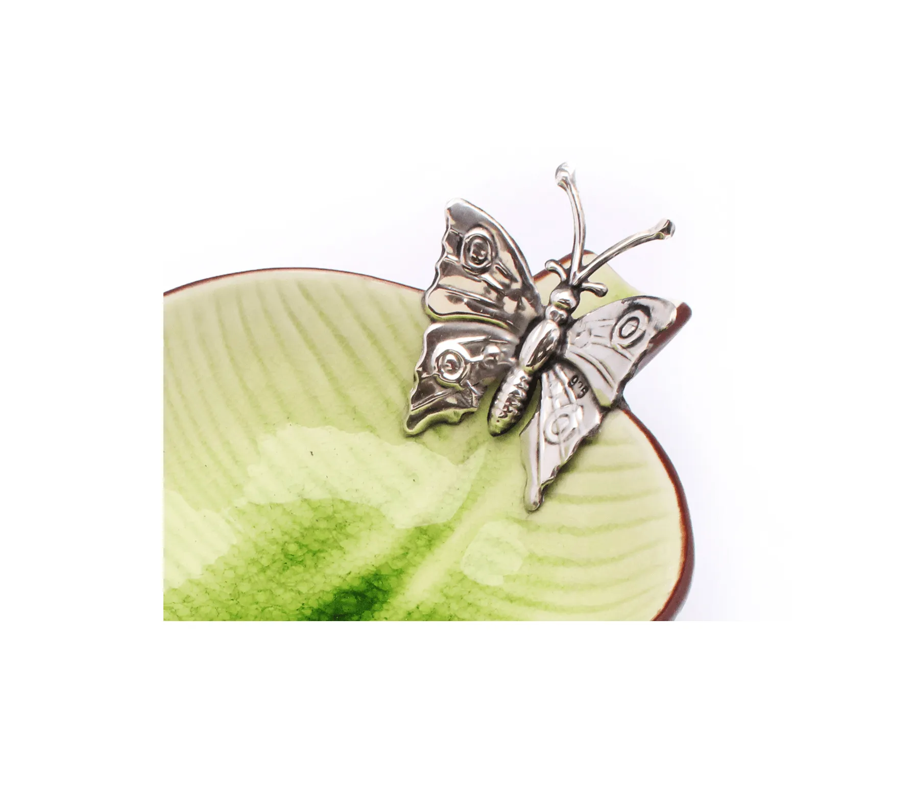 Leaf Shaped Ceramic Dish w/ Sterling Silver Butterfly