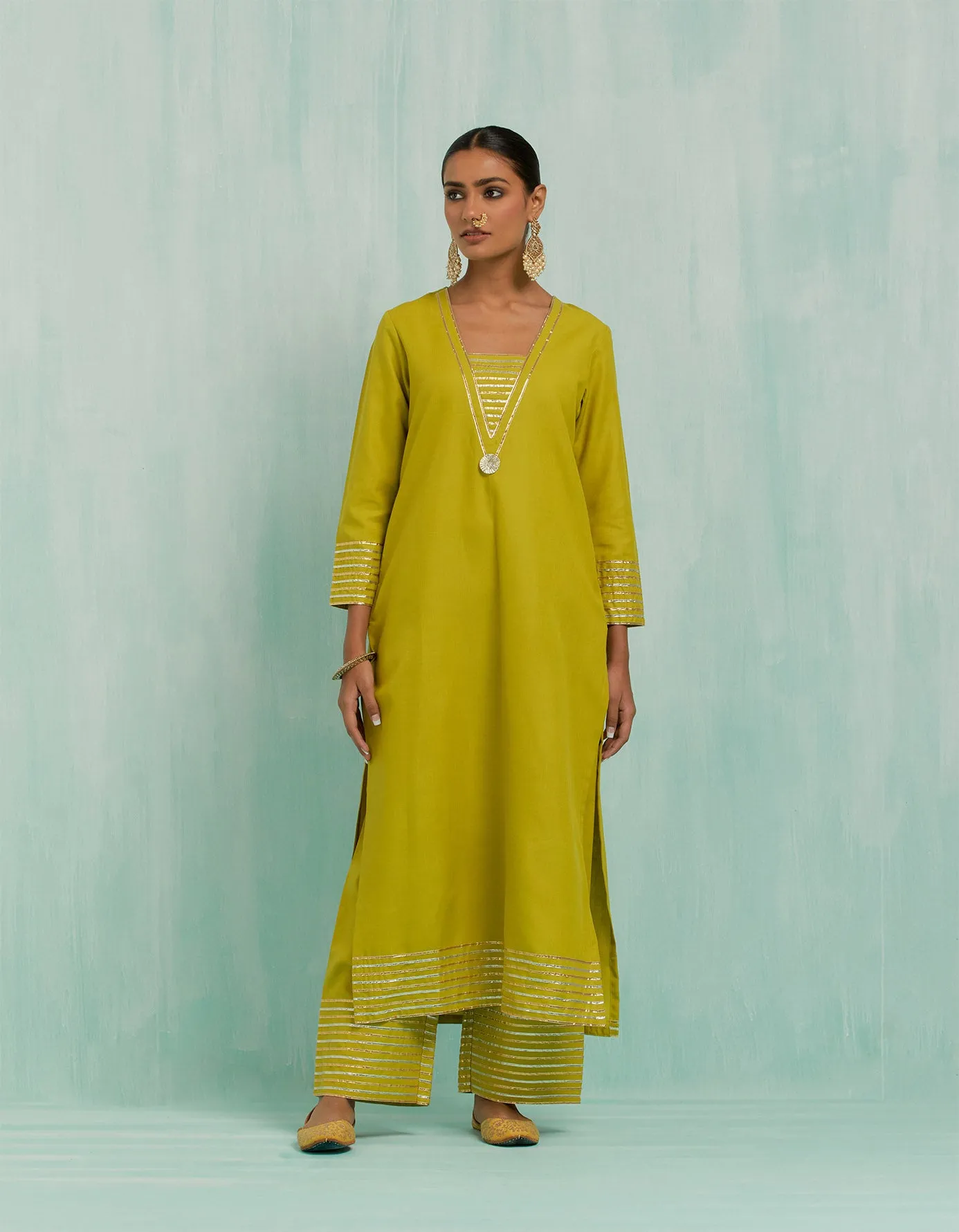 Lemon Green Rukhsaar Straight Kurta And Palazzo With Gold Silver Gota Details & Dupatta (Set Of 3)