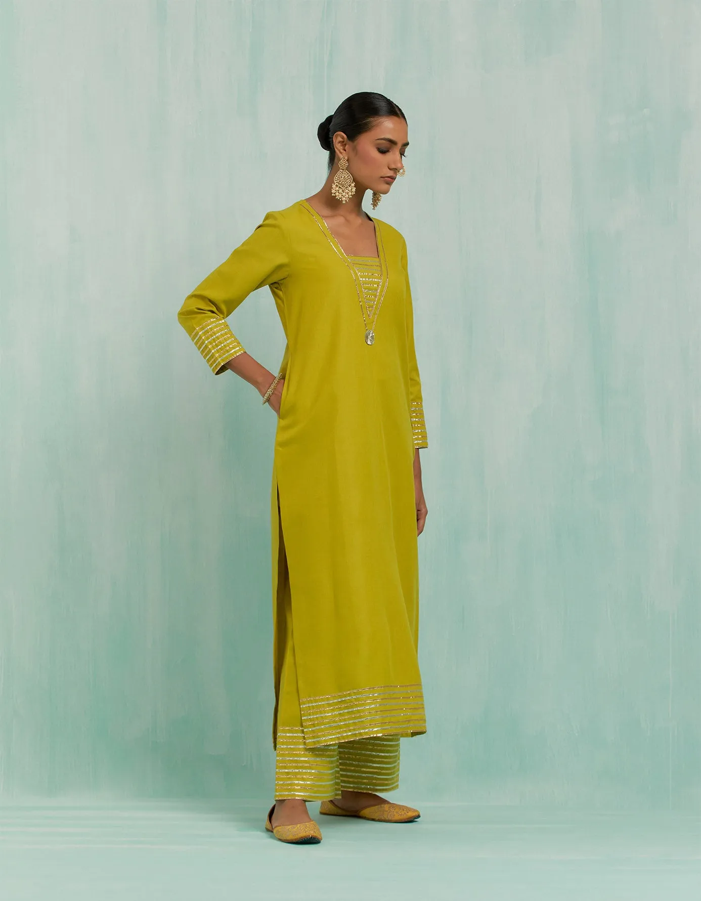 Lemon Green Rukhsaar Straight Kurta And Palazzo With Gold Silver Gota Details & Dupatta (Set Of 3)