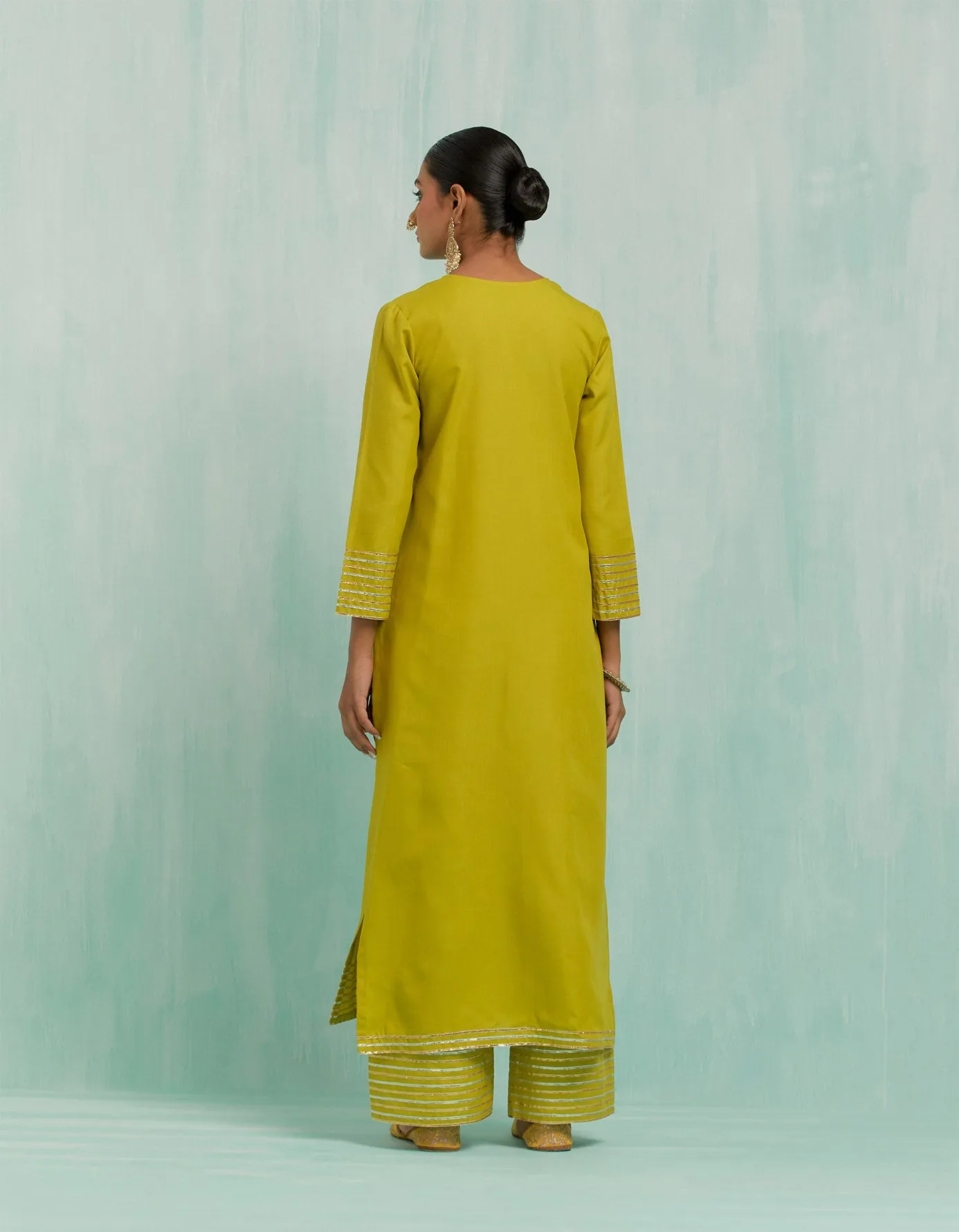 Lemon Green Rukhsaar Straight Kurta And Palazzo With Gold Silver Gota Details & Dupatta (Set Of 3)