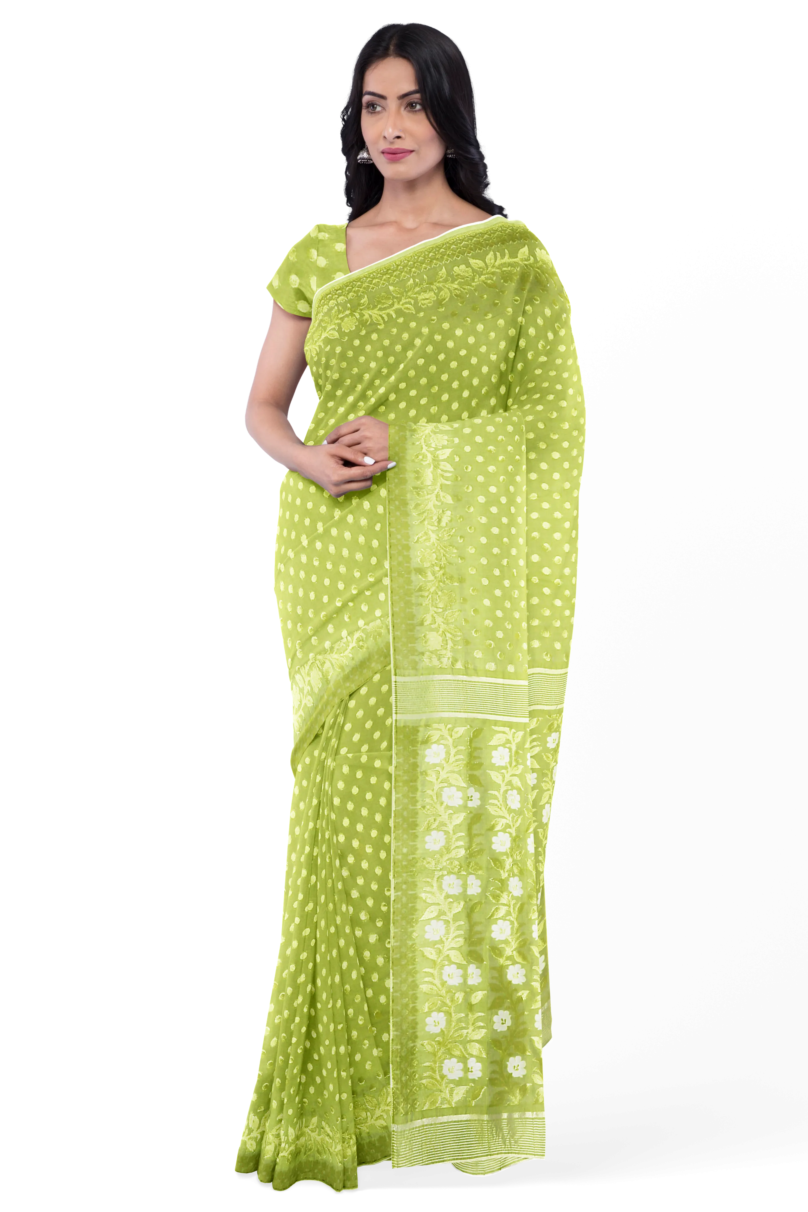 Light Green LIVA Saree with Jamdani Weave