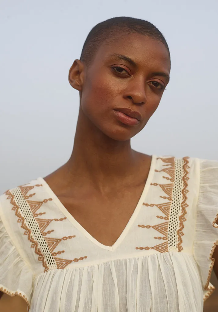 Mariana Flutter Sleeve Embroidered Blouse In Cream