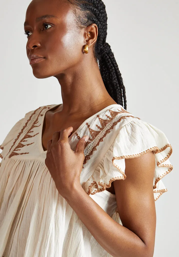 Mariana Flutter Sleeve Embroidered Blouse In Cream