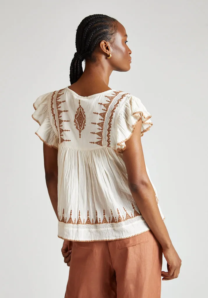 Mariana Flutter Sleeve Embroidered Blouse In Cream