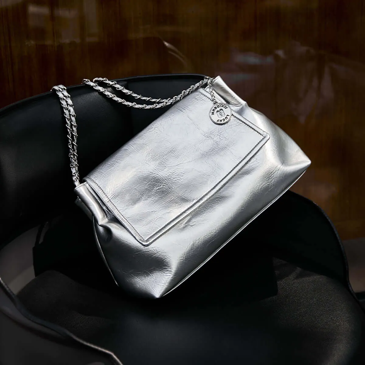Metallic Leather Chain Strapped Shoulder Bag