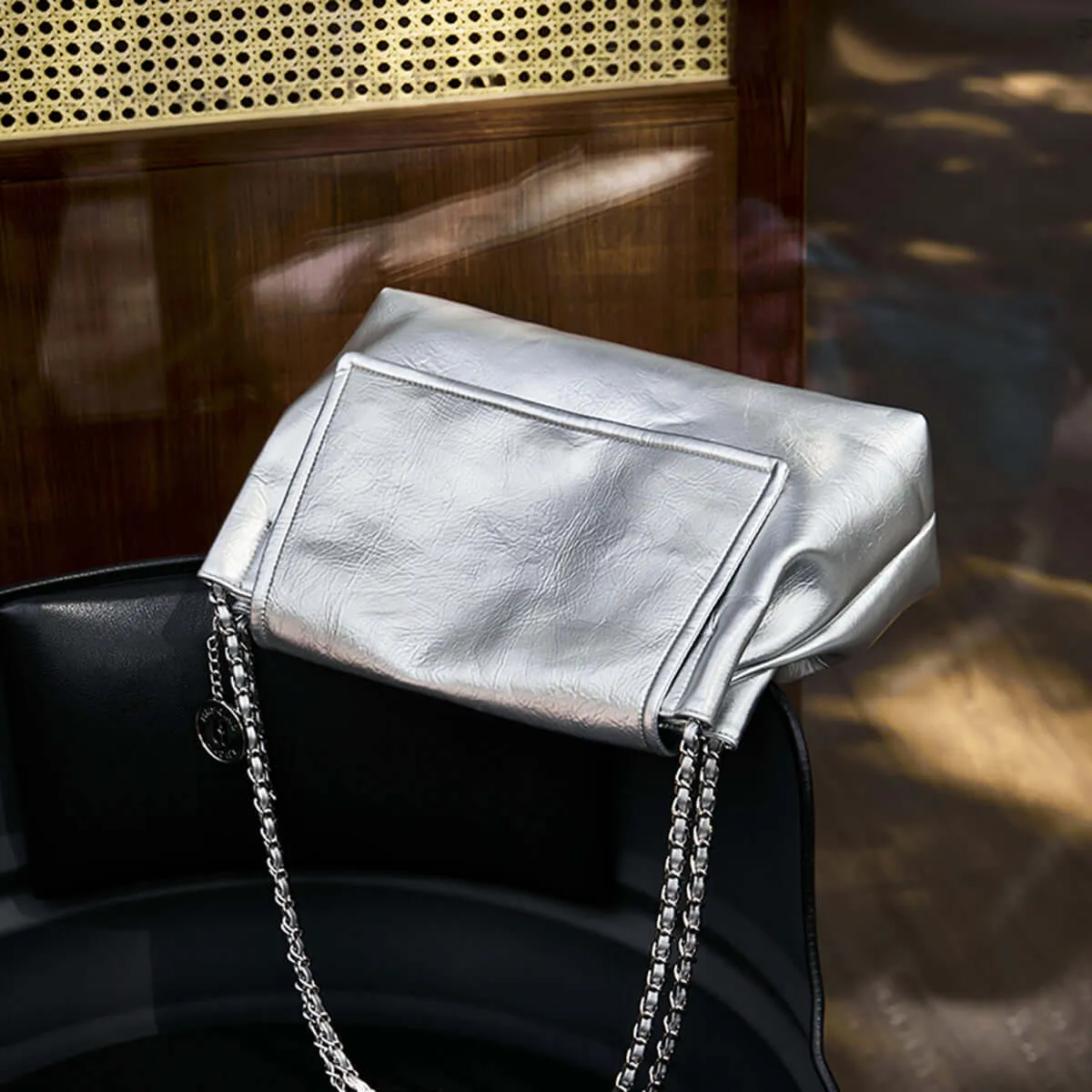 Metallic Leather Chain Strapped Shoulder Bag