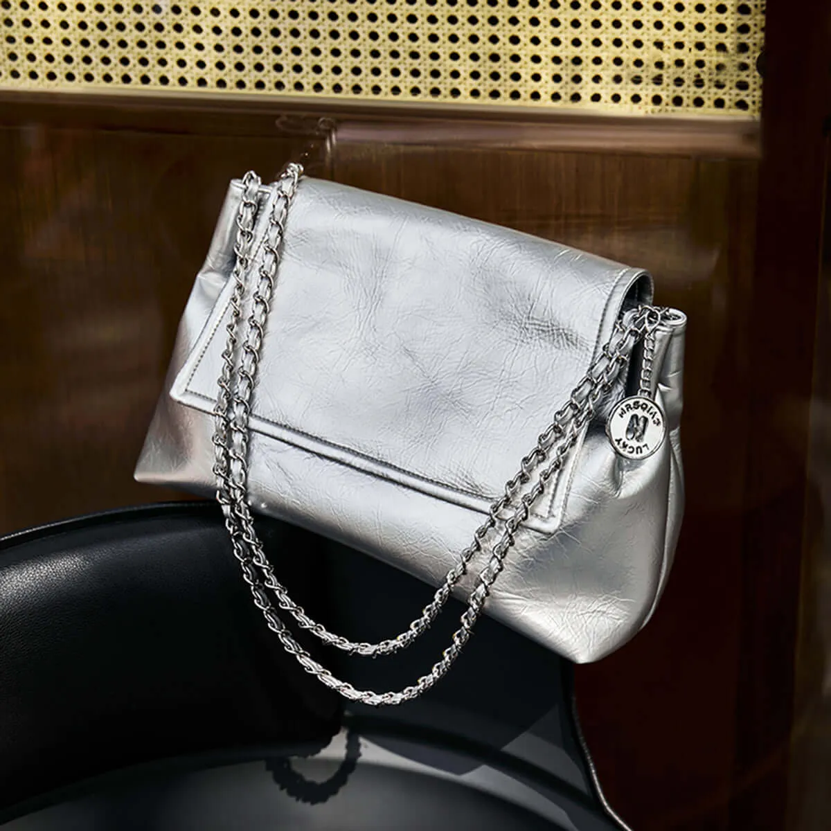 Metallic Leather Chain Strapped Shoulder Bag