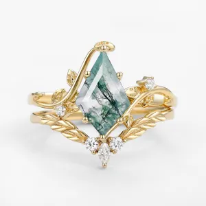 Moss Agate Kite Cut Vine Engagement Ring Set 2pcs - Twigs