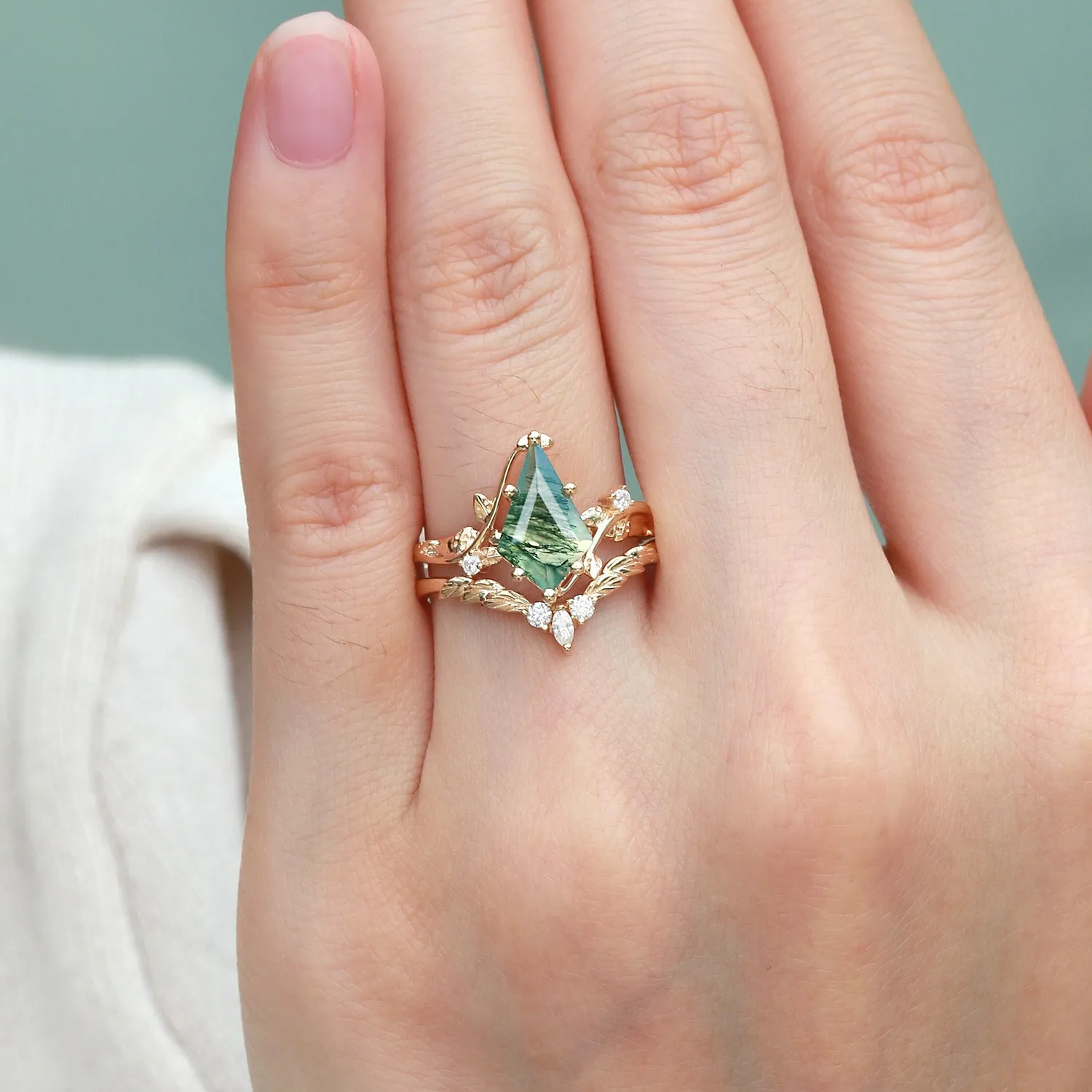 Moss Agate Kite Cut Vine Engagement Ring Set 2pcs - Twigs