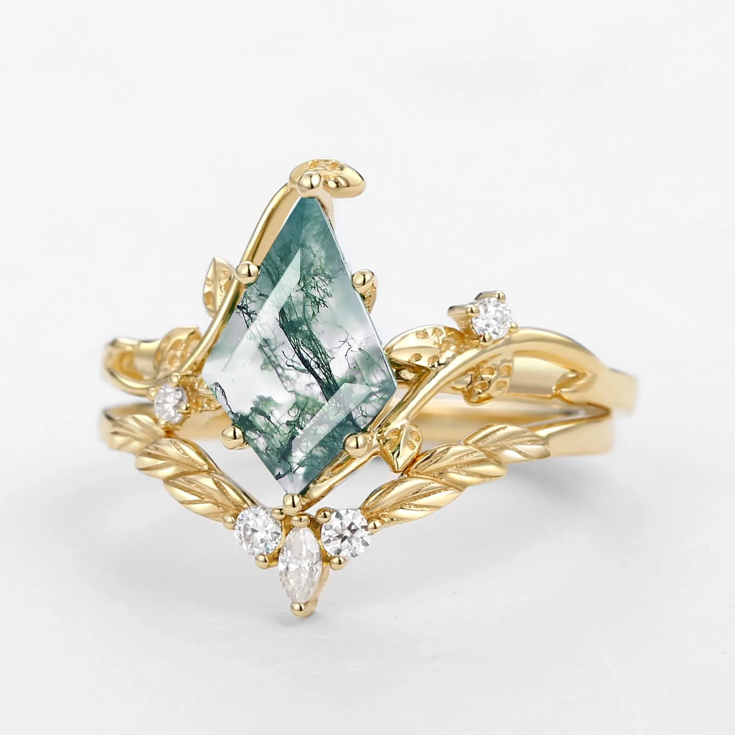 Moss Agate Kite Cut Vine Engagement Ring Set 2pcs - Twigs