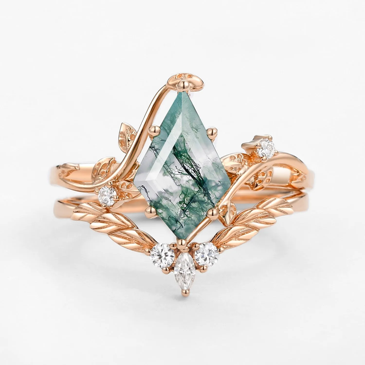Moss Agate Kite Cut Vine Engagement Ring Set 2pcs - Twigs