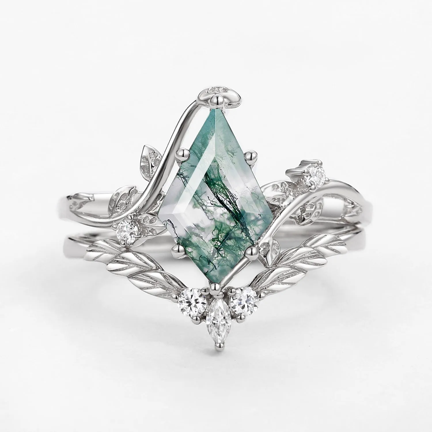 Moss Agate Kite Cut Vine Engagement Ring Set 2pcs - Twigs