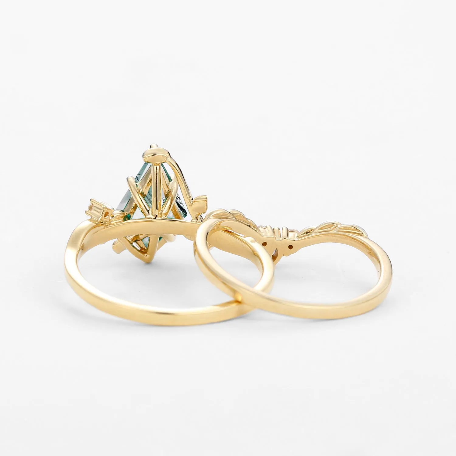 Moss Agate Kite Cut Vine Engagement Ring Set 2pcs - Twigs