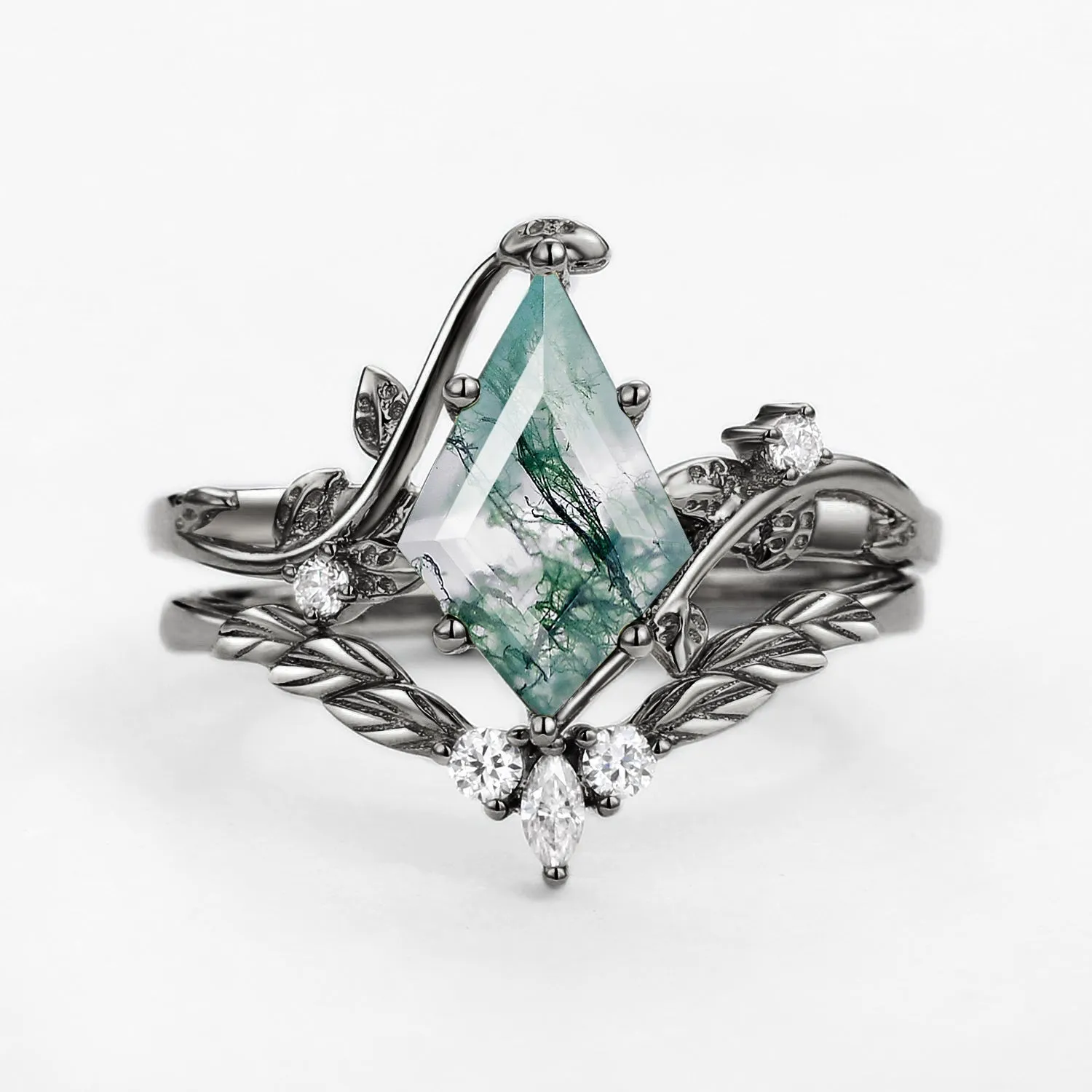 Moss Agate Kite Cut Vine Engagement Ring Set 2pcs - Twigs