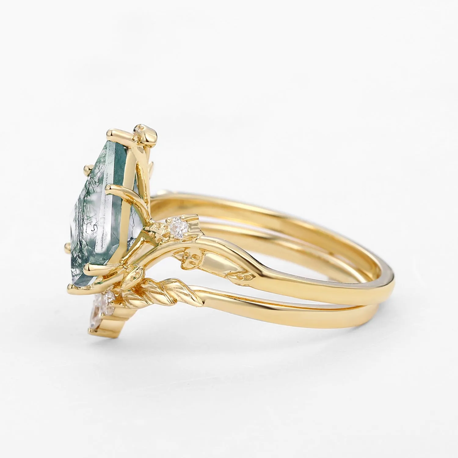 Moss Agate Kite Cut Vine Engagement Ring Set 2pcs - Twigs