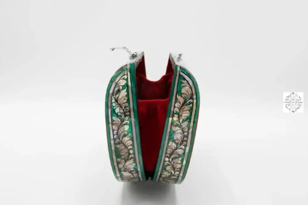 Mother of Pearl Clutch - Family of Elephants Design with Turquoise & Ruby Colors, Lacquered Evening Bag, Inlay Handbag with Velvet Lining