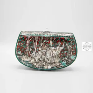 Mother of Pearl Clutch - Family of Elephants Design with Turquoise & Ruby Colors, Lacquered Evening Bag, Inlay Handbag with Velvet Lining