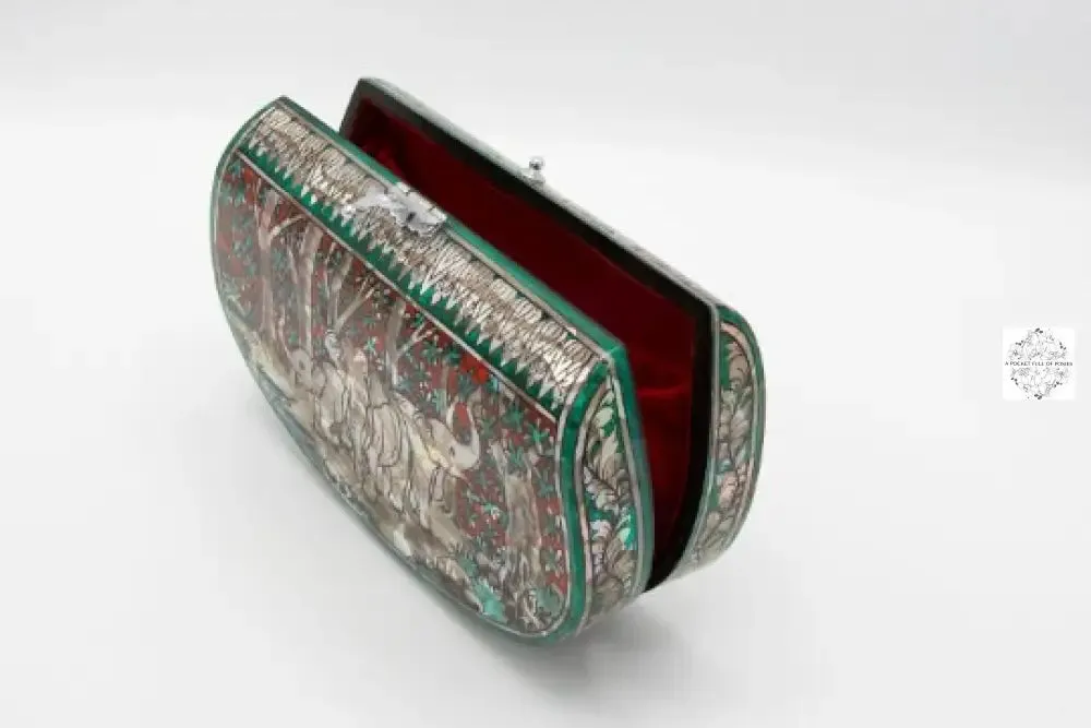 Mother of Pearl Clutch - Family of Elephants Design with Turquoise & Ruby Colors, Lacquered Evening Bag, Inlay Handbag with Velvet Lining