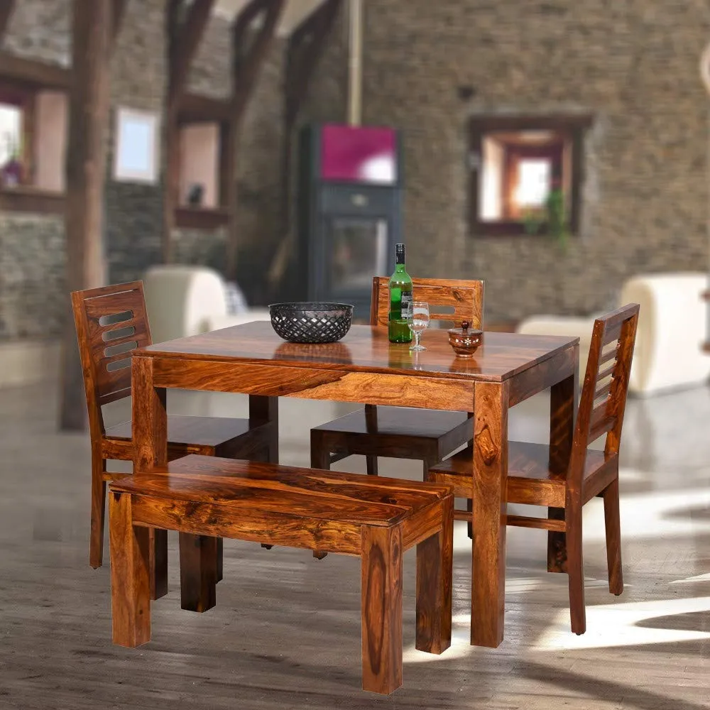 MP ENTERPRIESES Sheesham Wood Dining Table with 3 Chairs and One Bench (Natural Teak)