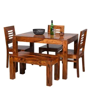 MP ENTERPRIESES Sheesham Wood Dining Table with 3 Chairs and One Bench (Natural Teak)