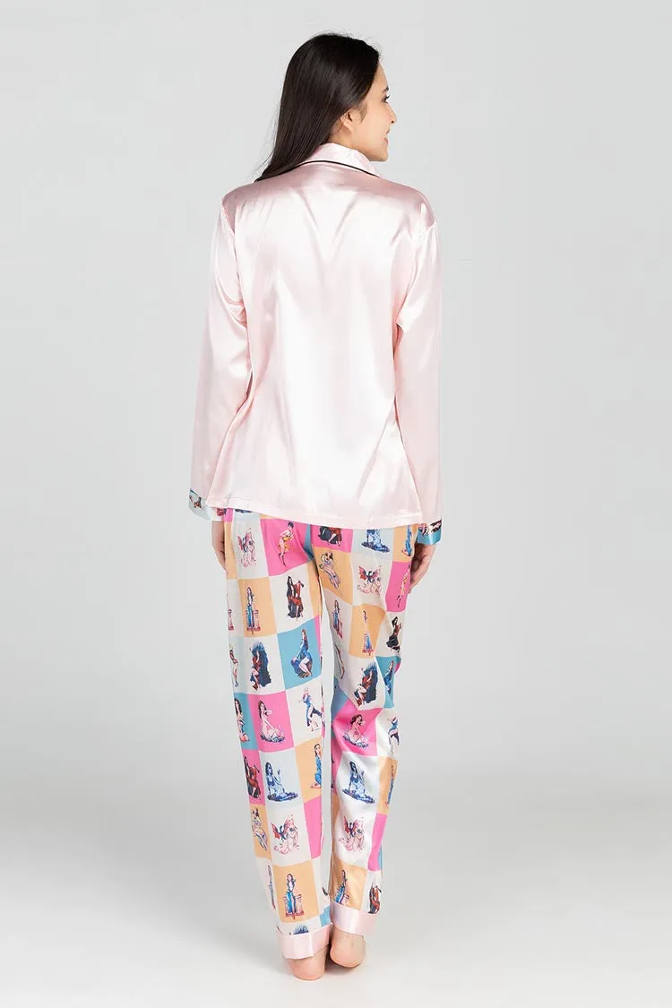 Myra Satin Long Sleeve Pajama Lounge Set (Pink Women)