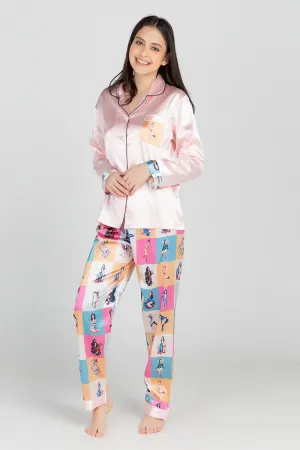 Myra Satin Long Sleeve Pajama Lounge Set (Pink Women)