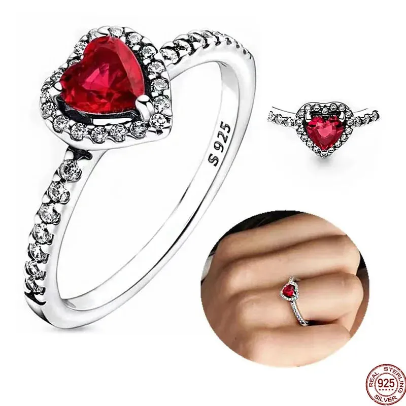 New 925 Sterling Silver Ring Red Heart Colorful Crystal Ring Women's Valentine's Day Birthday Gift DIY High Quality Jewelry