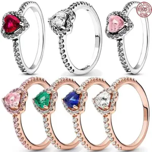 New 925 Sterling Silver Ring Red Heart Colorful Crystal Ring Women's Valentine's Day Birthday Gift DIY High Quality Jewelry