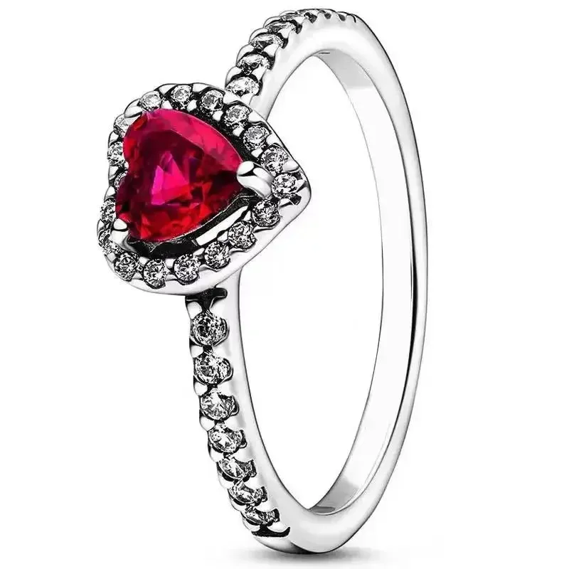New 925 Sterling Silver Ring Red Heart Colorful Crystal Ring Women's Valentine's Day Birthday Gift DIY High Quality Jewelry