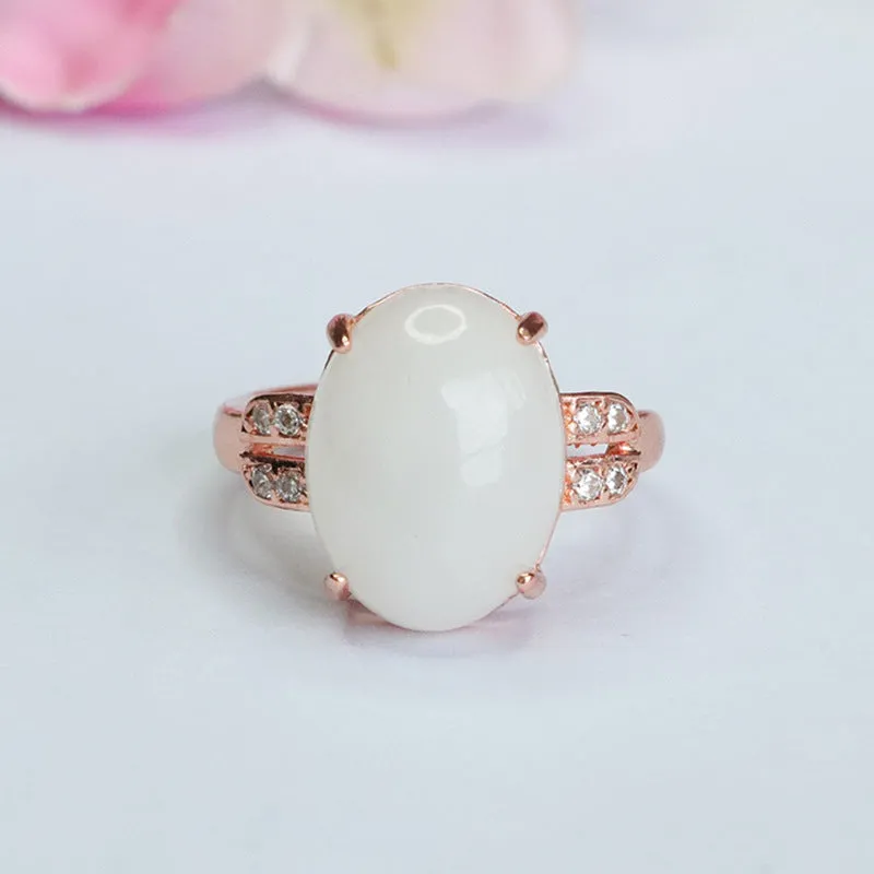 Oval Hetian Jade Sterling Silver Ring with Zircon Accents