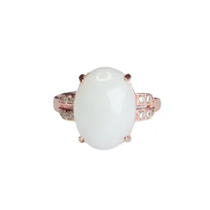 Oval Hetian Jade Sterling Silver Ring with Zircon Accents