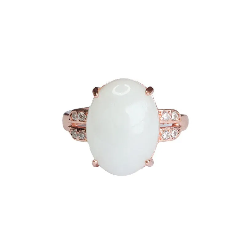 Oval Hetian Jade Sterling Silver Ring with Zircon Accents