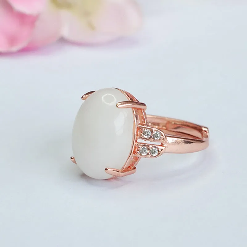Oval Hetian Jade Sterling Silver Ring with Zircon Accents