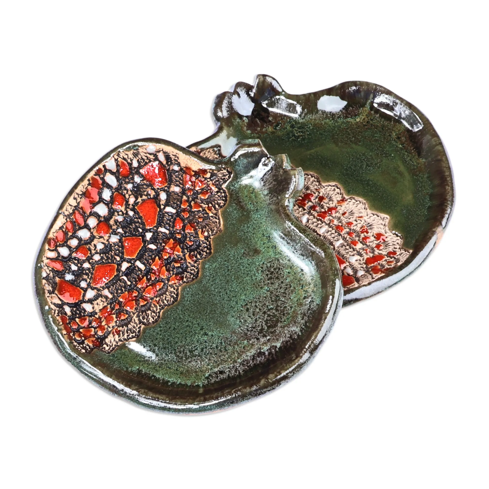 Pair of Glazed Ceramic Pomegranate Catchalls in Green - Vibrant Green Pomegranate | NOVICA