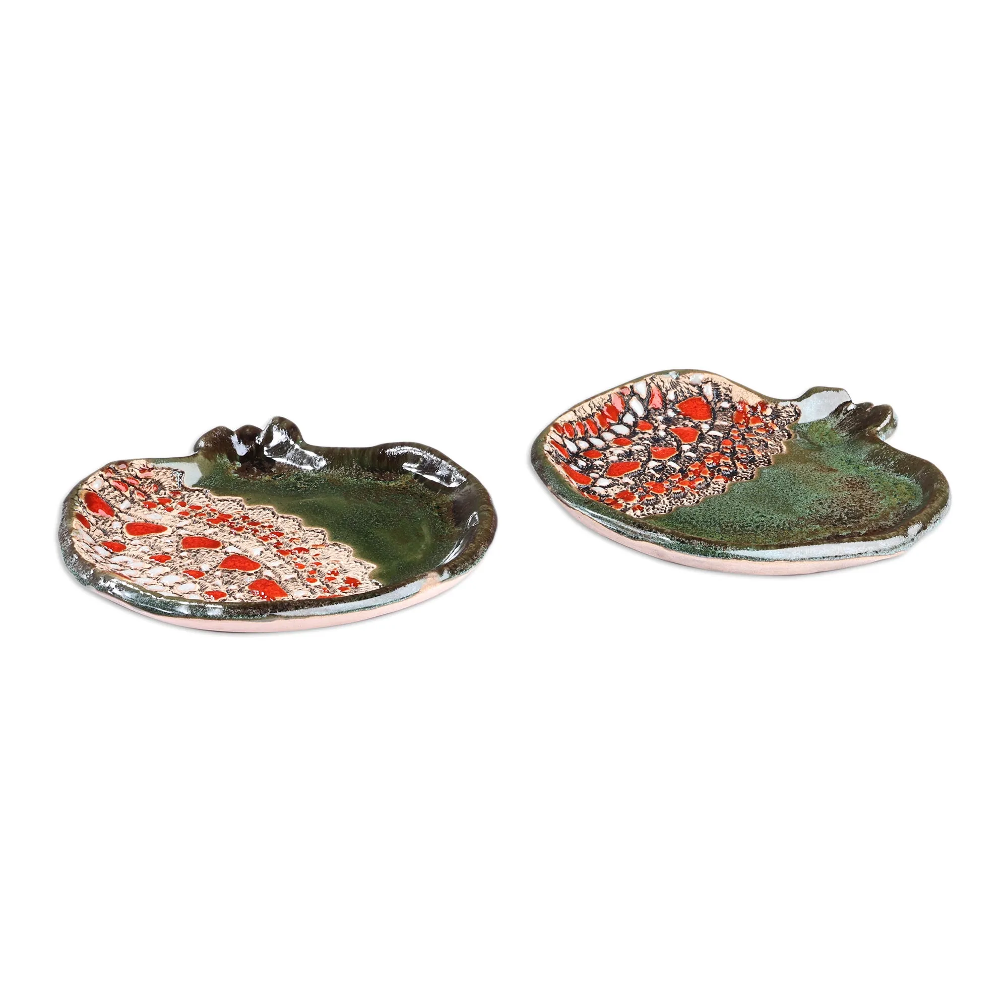 Pair of Glazed Ceramic Pomegranate Catchalls in Green - Vibrant Green Pomegranate | NOVICA