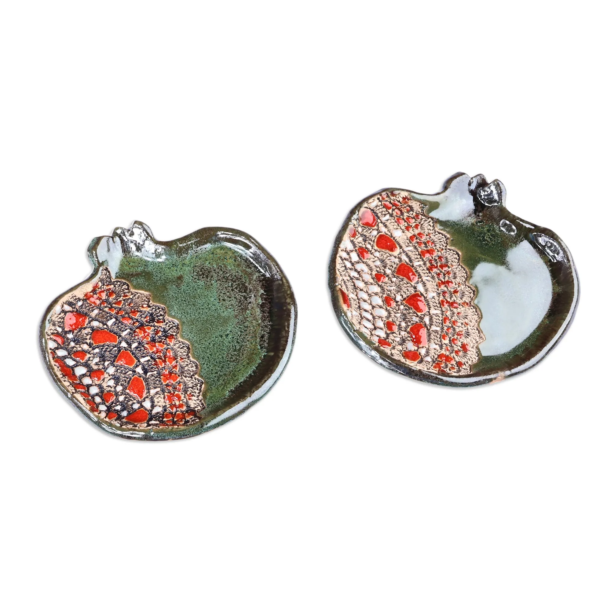 Pair of Glazed Ceramic Pomegranate Catchalls in Green - Vibrant Green Pomegranate | NOVICA